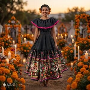 Mexican Dress Set Single Circle Skirt - Day Of The Dead & Noche De Muertos